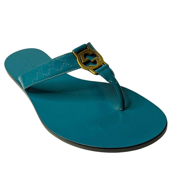 Gucci Microguccissima Patent Leather Interlocking GG Thong Sandals EU 36.5 Blue - Picture 1 of 13